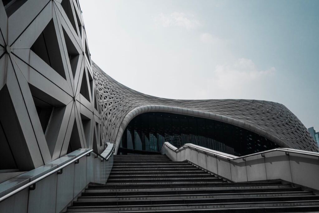 Striking modern architecture with geometric patterns and a dynamic facade.